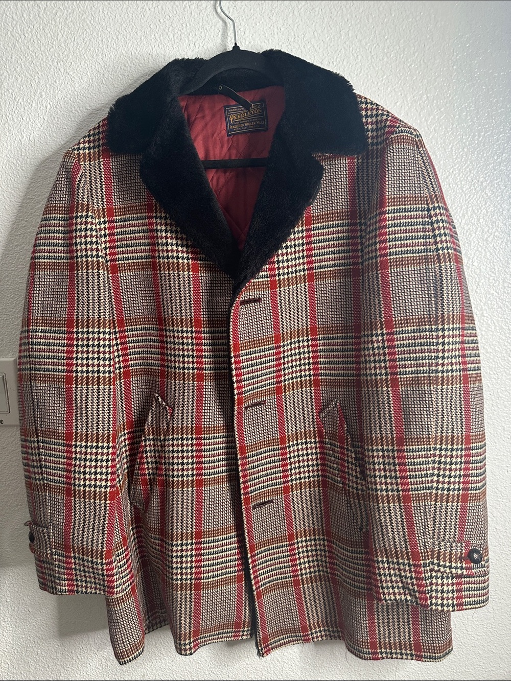 Vintage Pendleton Red Plaid Wool Pea Coat with Black Faux Fur Collar size M